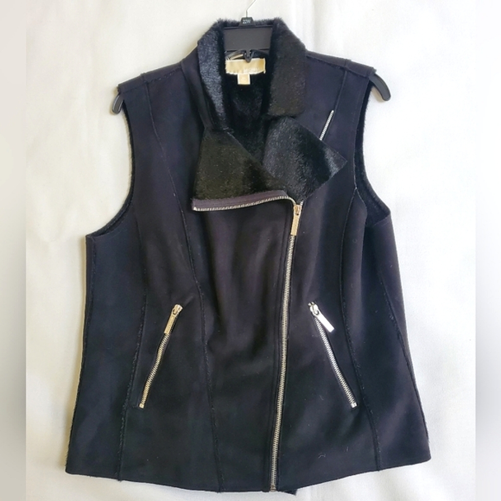 NWOT$325 Michael Kors Faux Suede Leather Vest Jacket Faux Fur Lined Sz 10